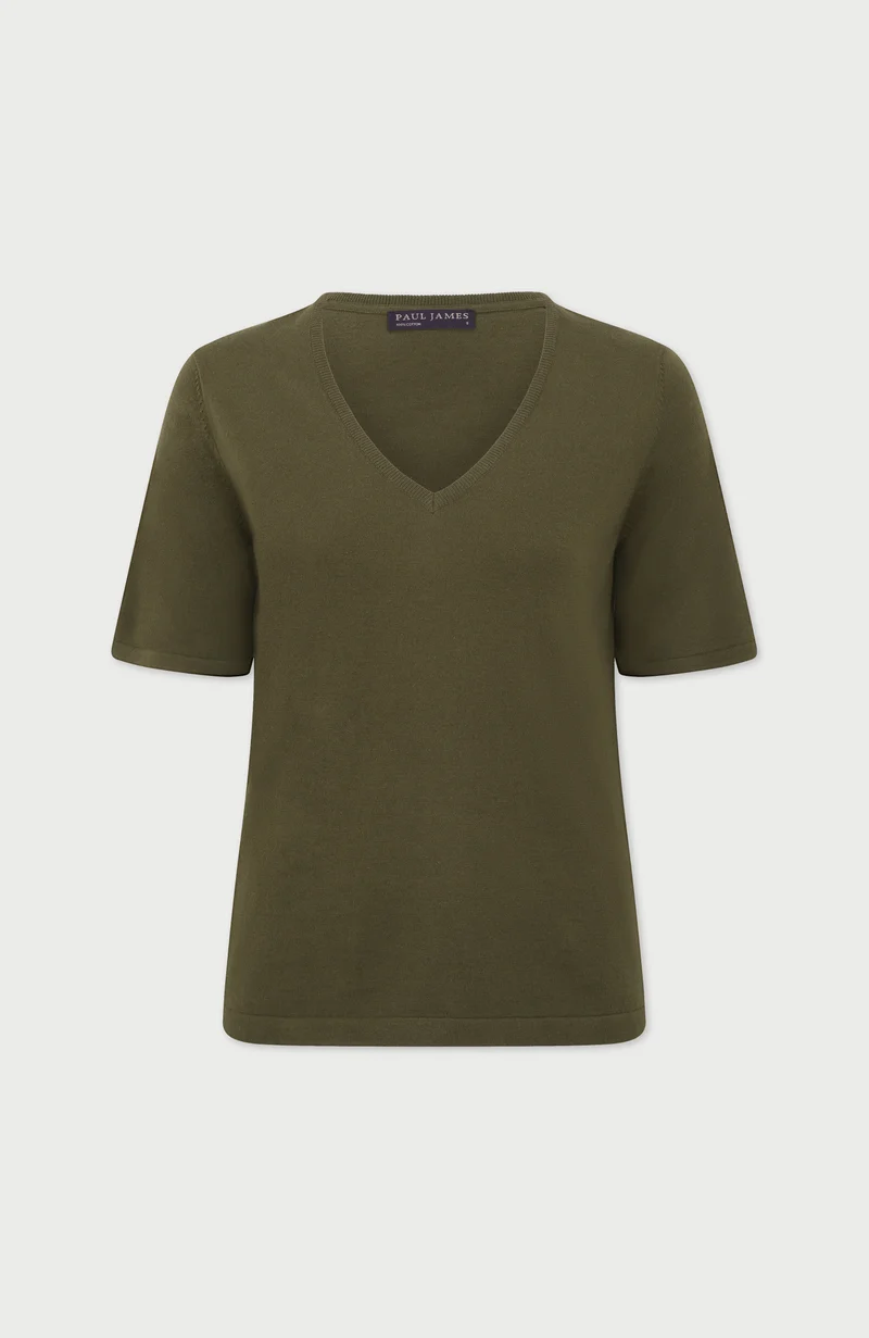 Womens Ultra Fine Cotton V Neck Knitted T-Shirt