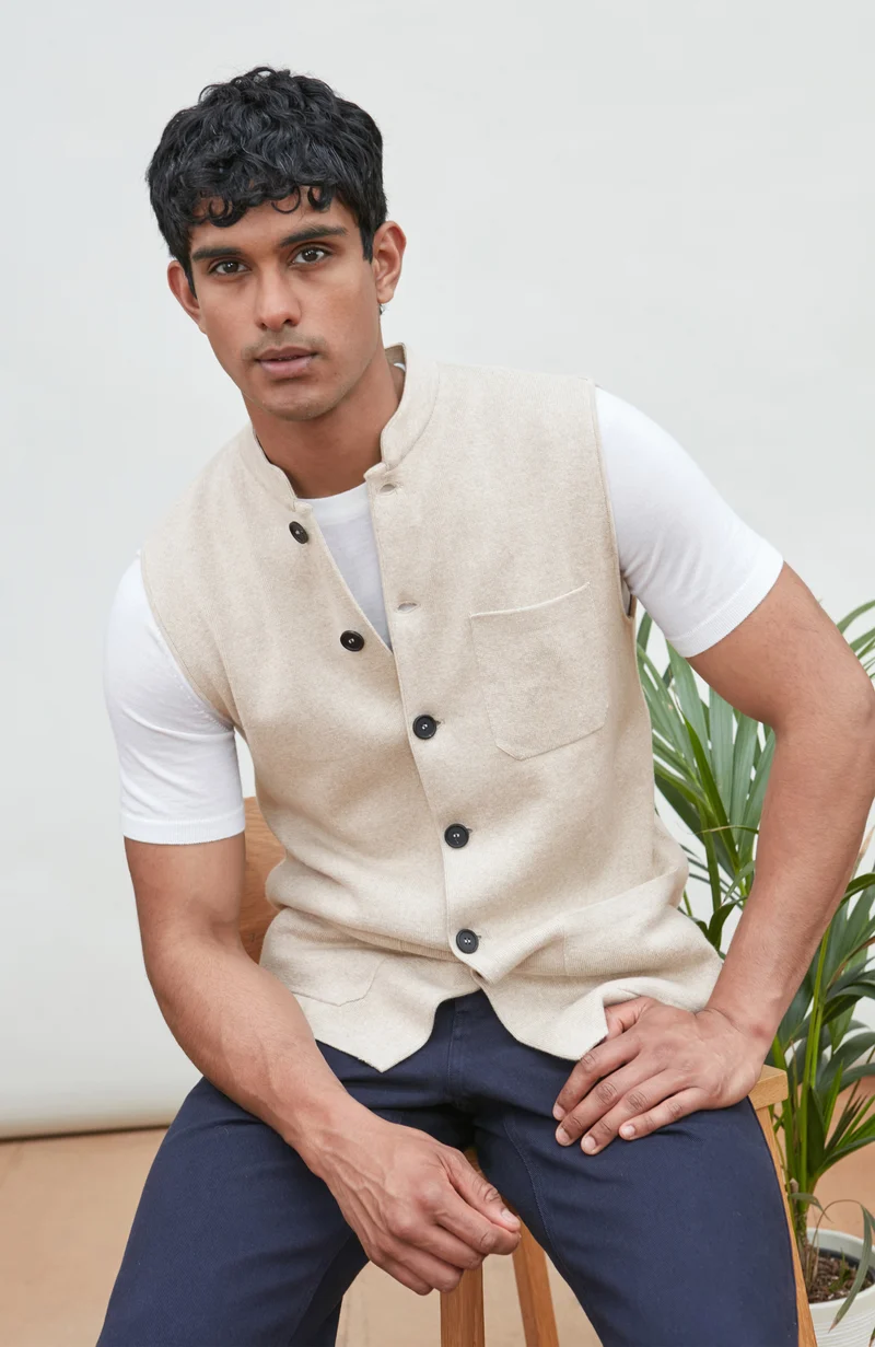 Mens Midweight Cotton Knitted Nehru Waistcoat