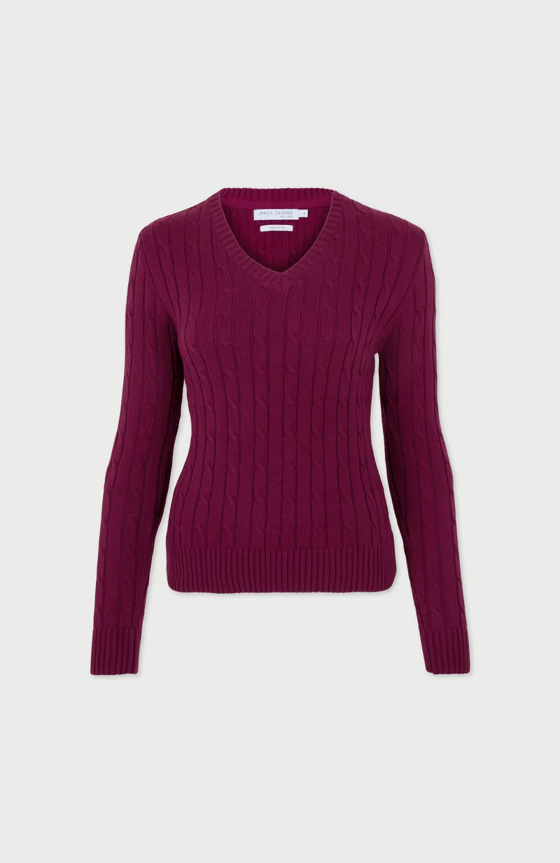 Womens Cotton Cable V Neck Jumper