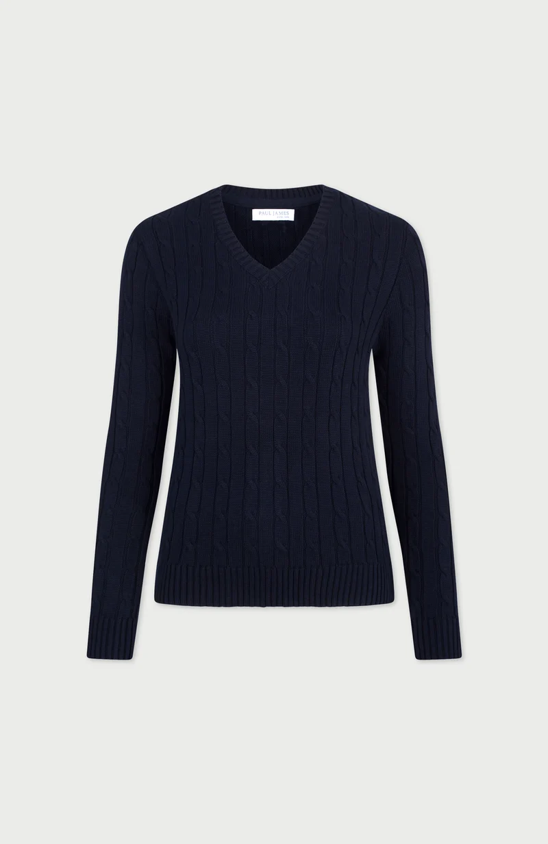 Womens Cotton Cable V Neck Jumper