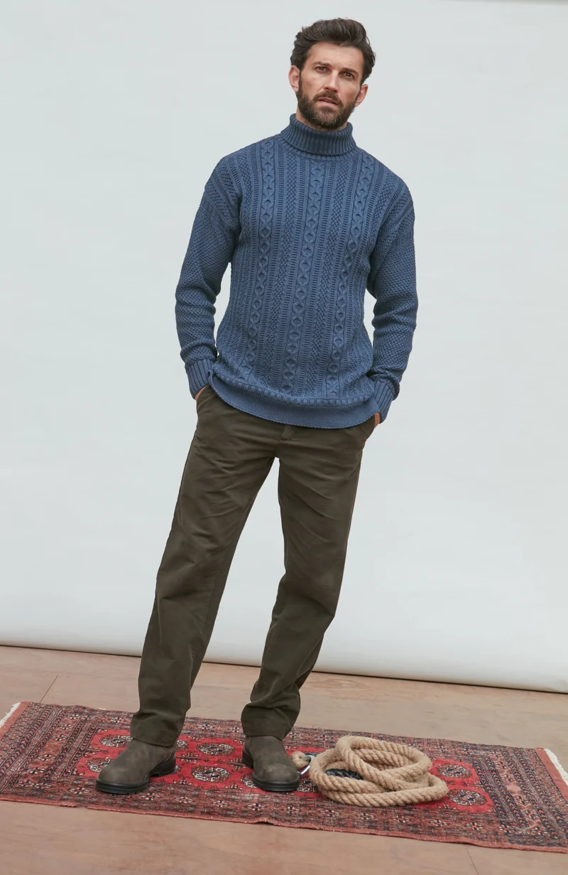 Mens Midweight Cotton Cable Roll Neck Gansey Jumper