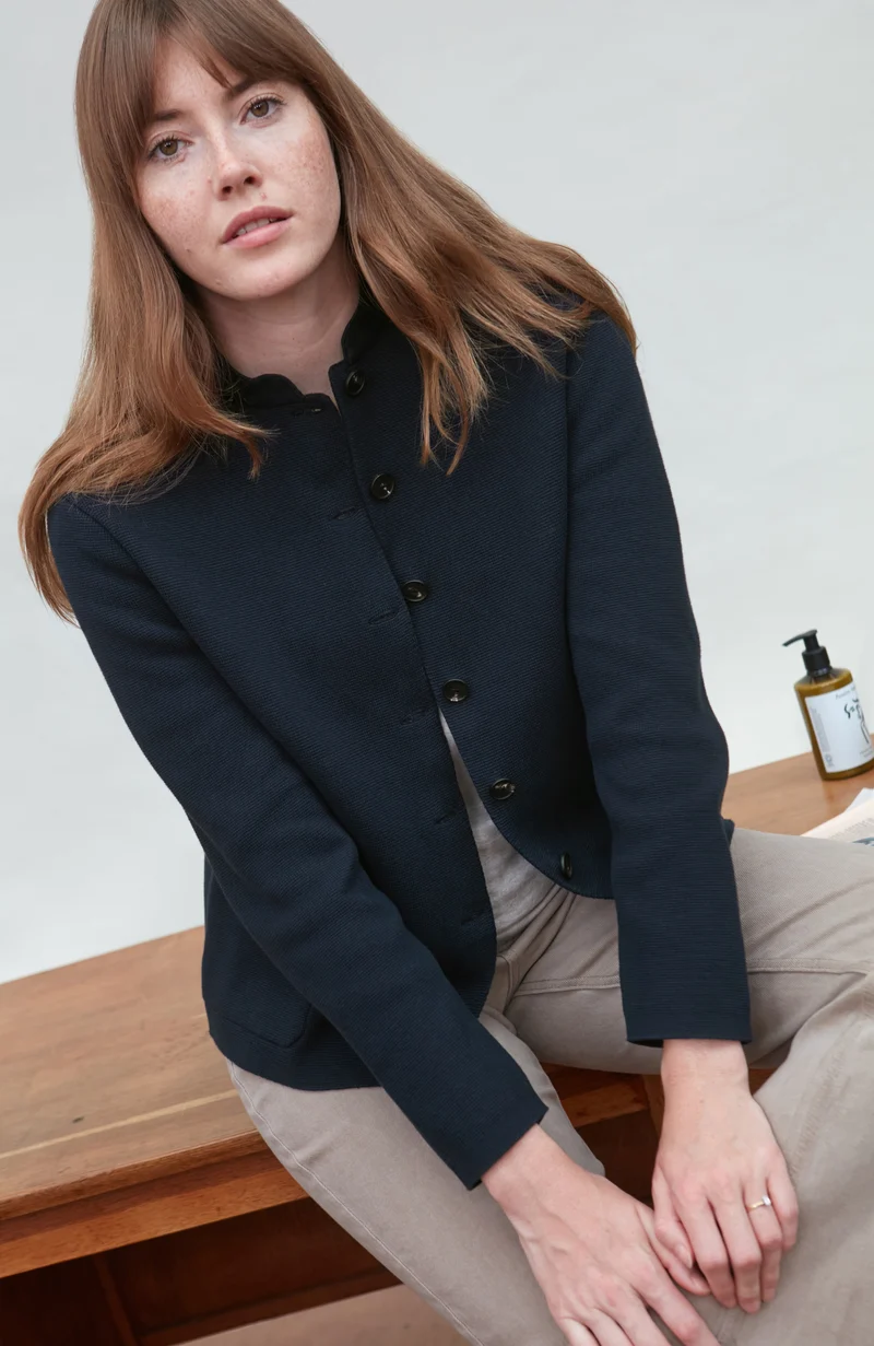 Womens Midweight Cotton Knitted Nehru Jacket