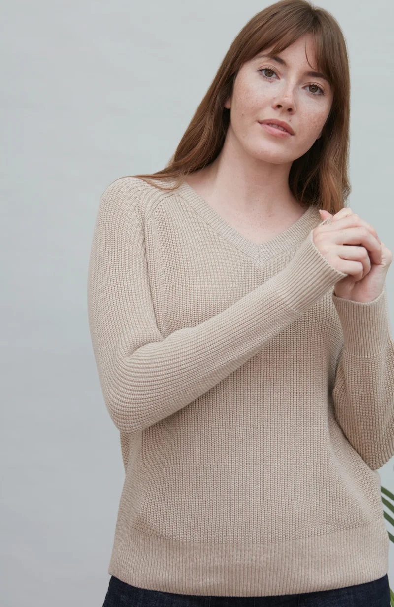 Womens Cotton Ribbed V Neck Jumper