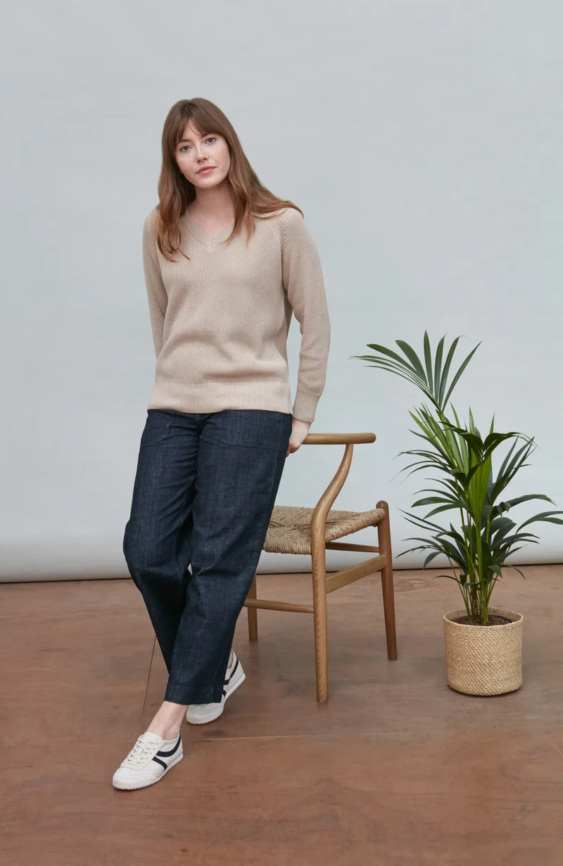 Womens Cotton Ribbed V Neck Jumper
