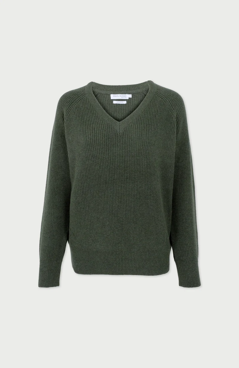 Womens Cotton Ribbed V Neck Jumper