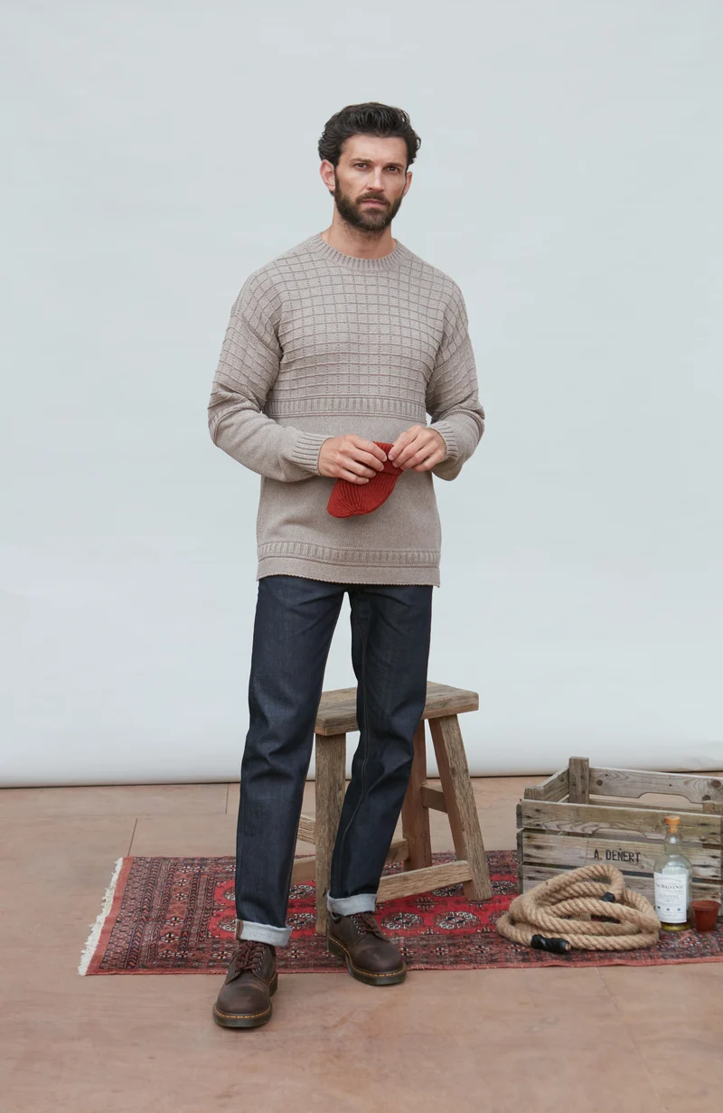 Mens Midweight Cotton Grid Knit Gansey Jumper