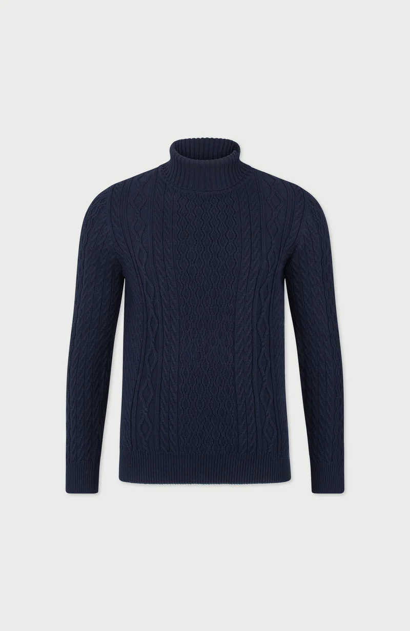 Mens Midweight Cotton Roll Neck Cable Jumper