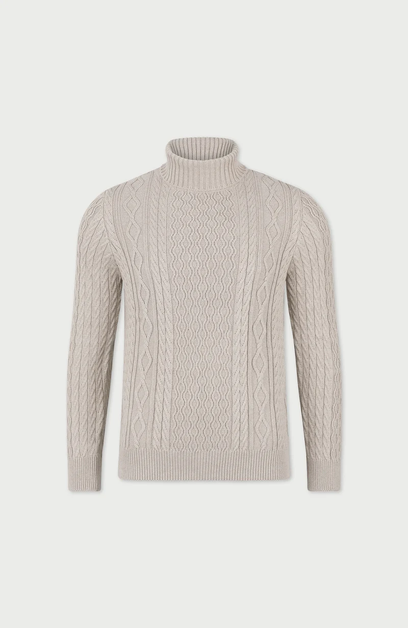 Mens Midweight Cotton Roll Neck Cable Jumper