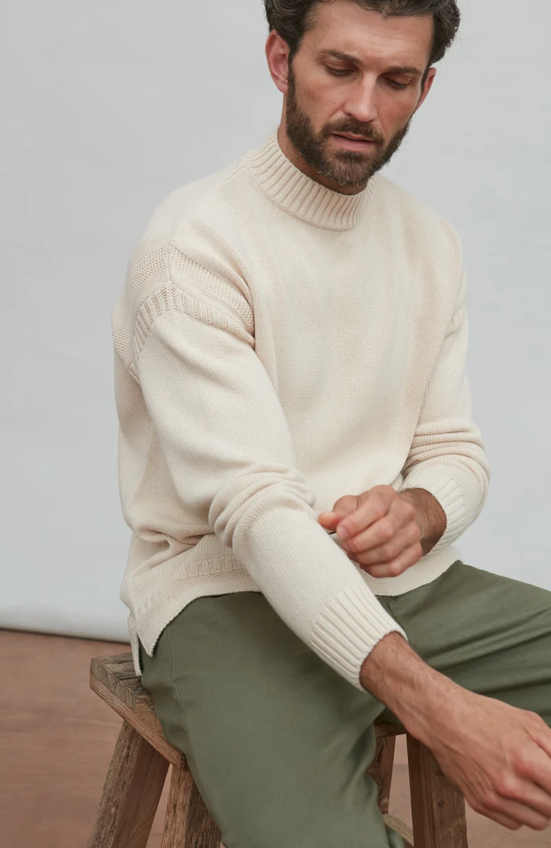 Mens Midweight Organic Cotton Linen Mock Neck Gansey Jumper