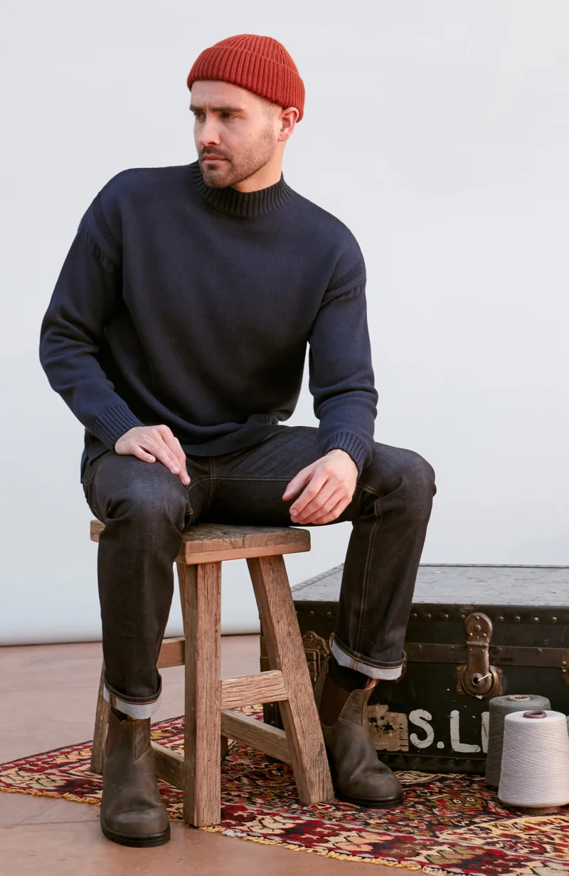 Mens Midweight Organic Cotton Linen Mock Neck Gansey Jumper