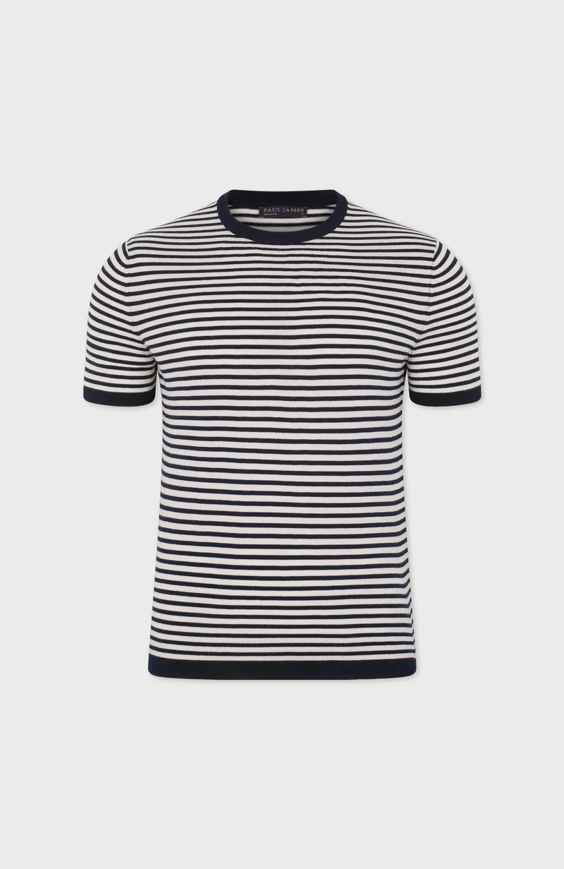 Mens Ultra Fine Cotton Knitted Narrow Breton Stripe T-Shirt
