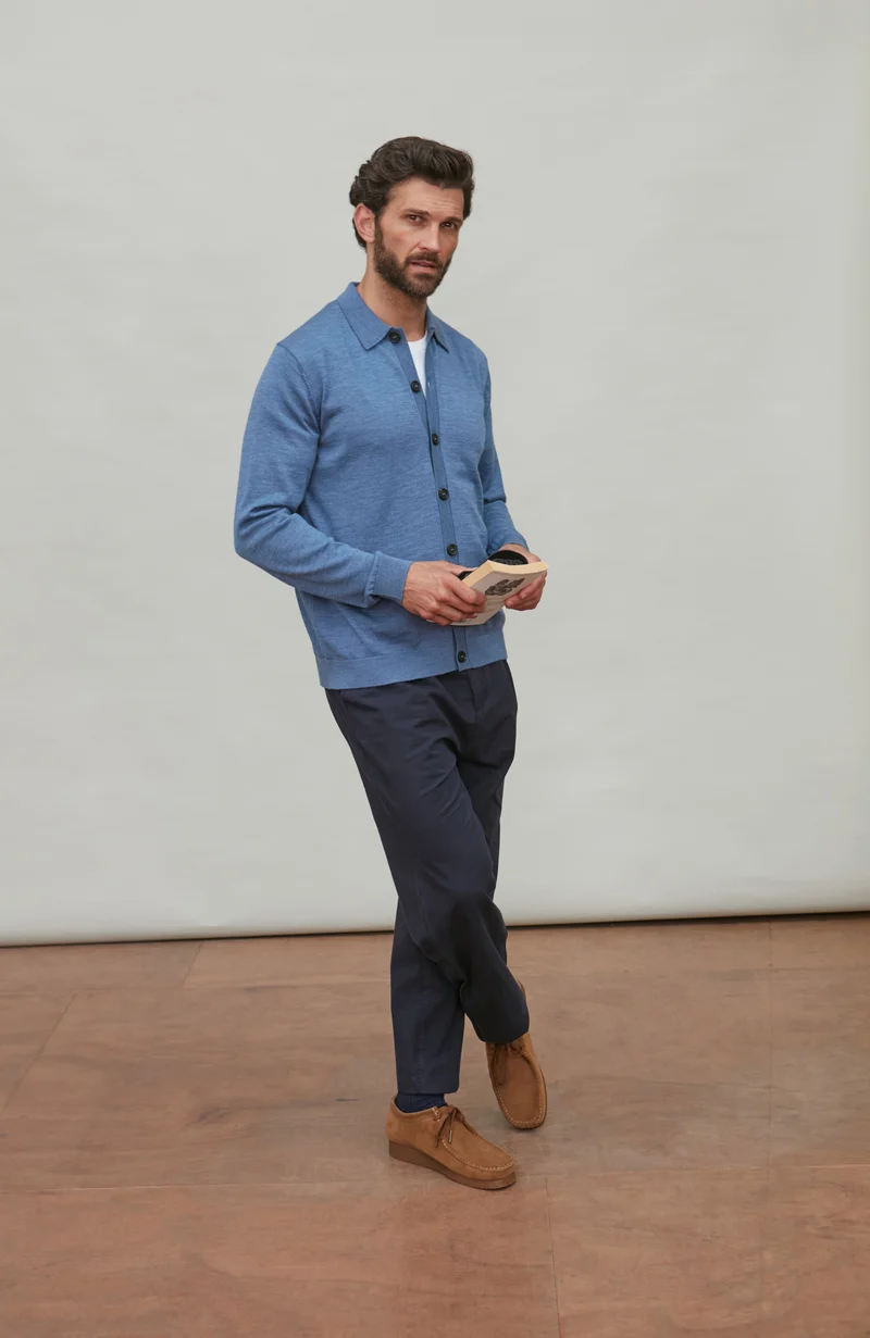 Mens Extra Fine Merino Wool Polo Cardigan