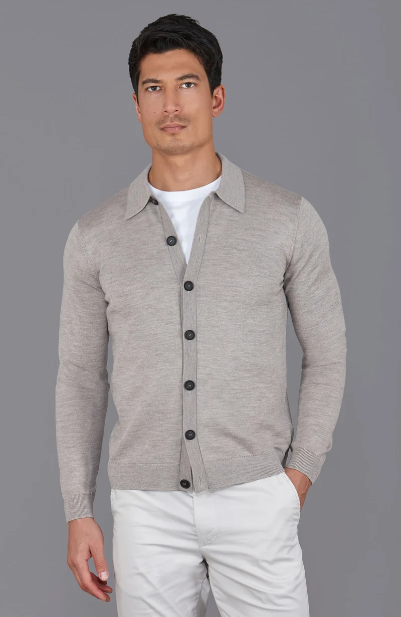Mens Extra Fine Merino Wool Polo Cardigan