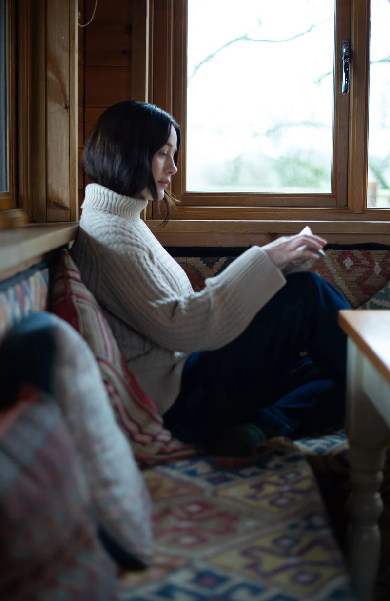 Womens Midweight Cotton Cable Roll Neck Jumper