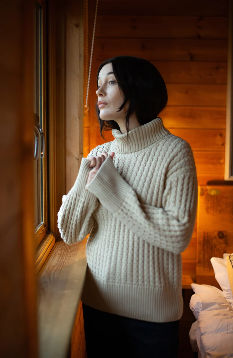 Womens Midweight Cotton Cable Roll Neck Jumper