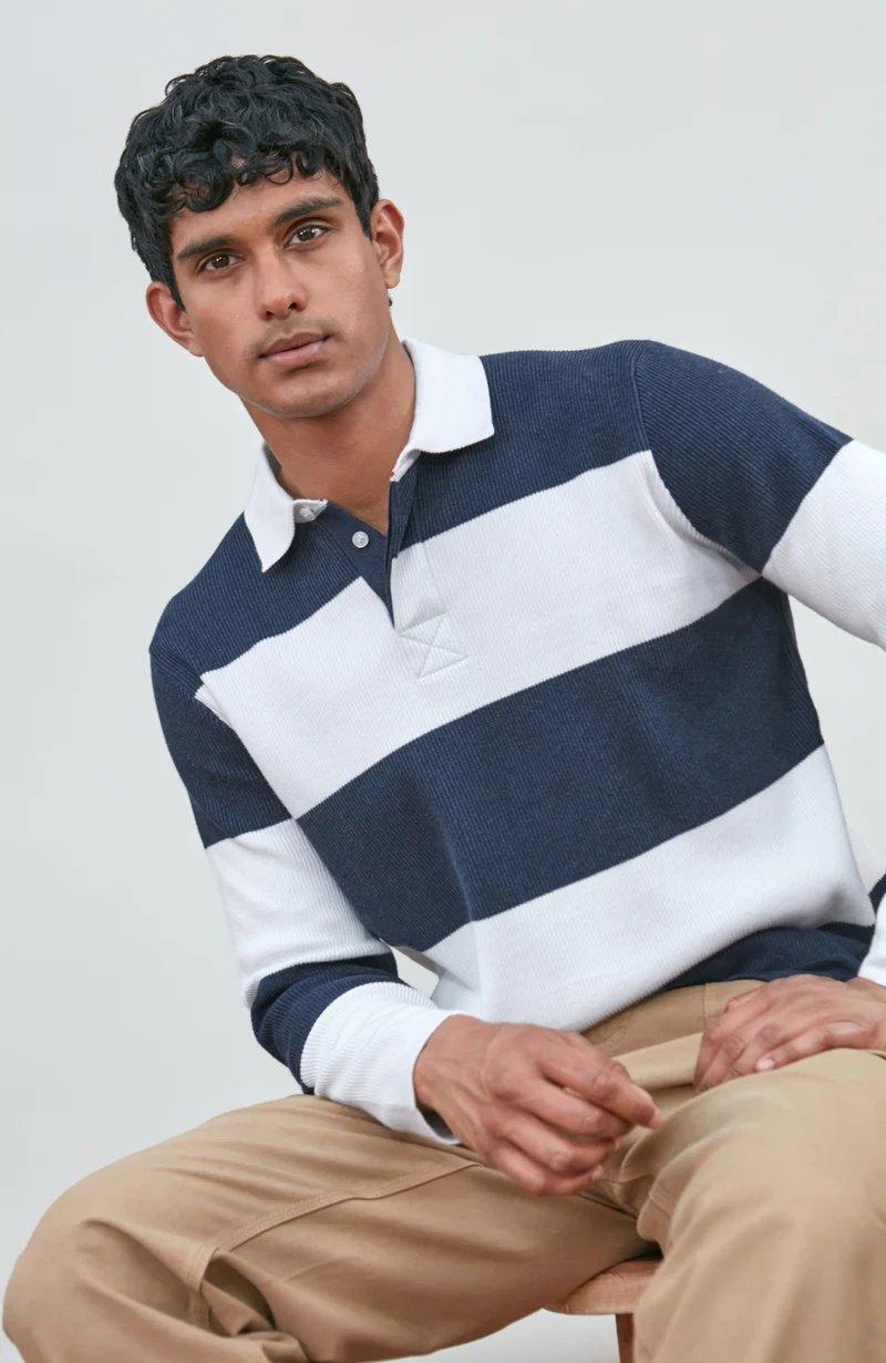 Mens Midweight Cotton Textured Hoops Rugby Shirt