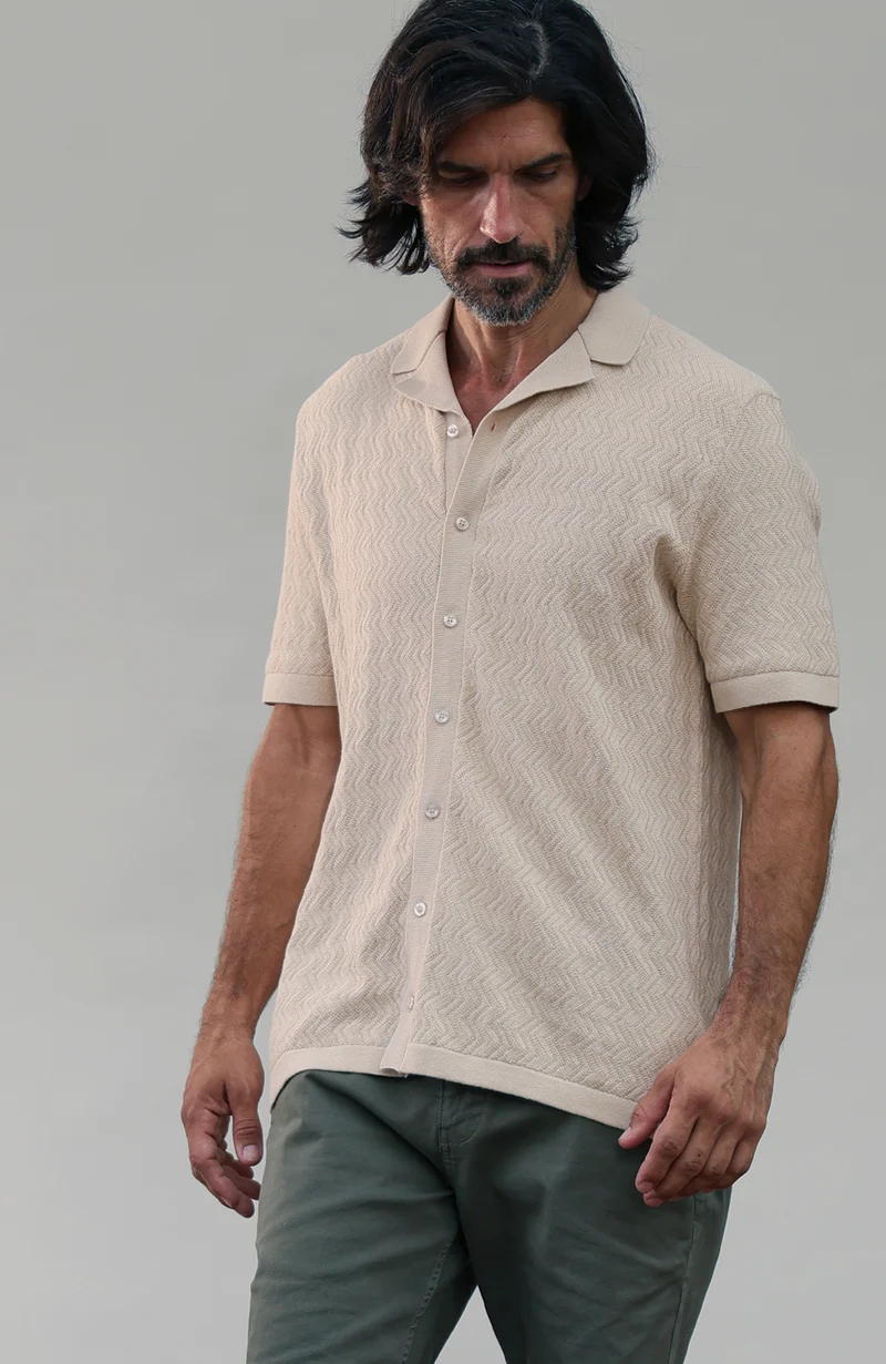 Mens Cotton Linen Racking Knit Resort Shirt
