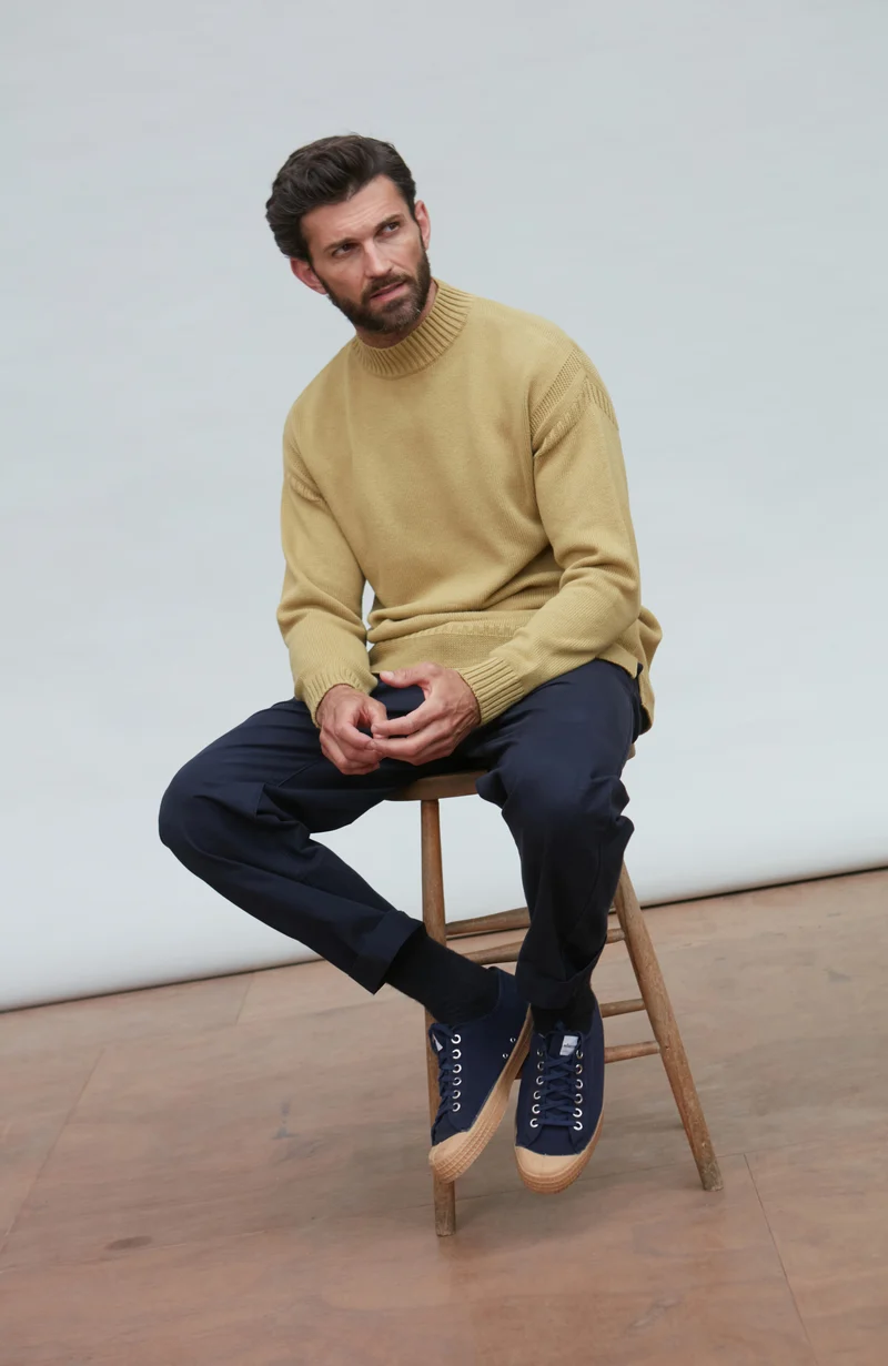 Mens Midweight Organic Cotton Linen Mock Neck Gansey Jumper