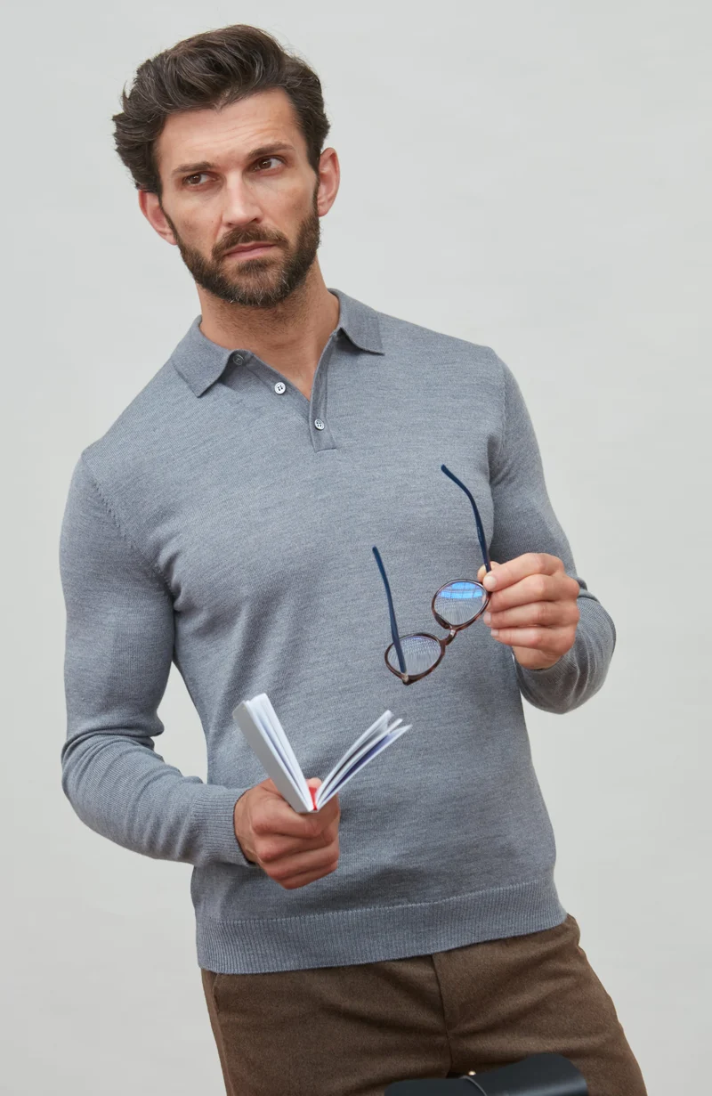 Mens Extra Fine Merino Wool Long Sleeve Polo Shirt