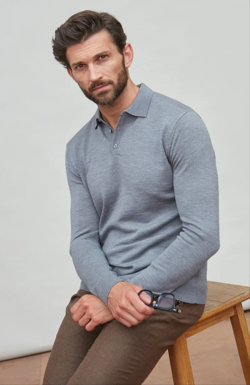 Mens Extra Fine Merino Wool Long Sleeve Polo Shirt