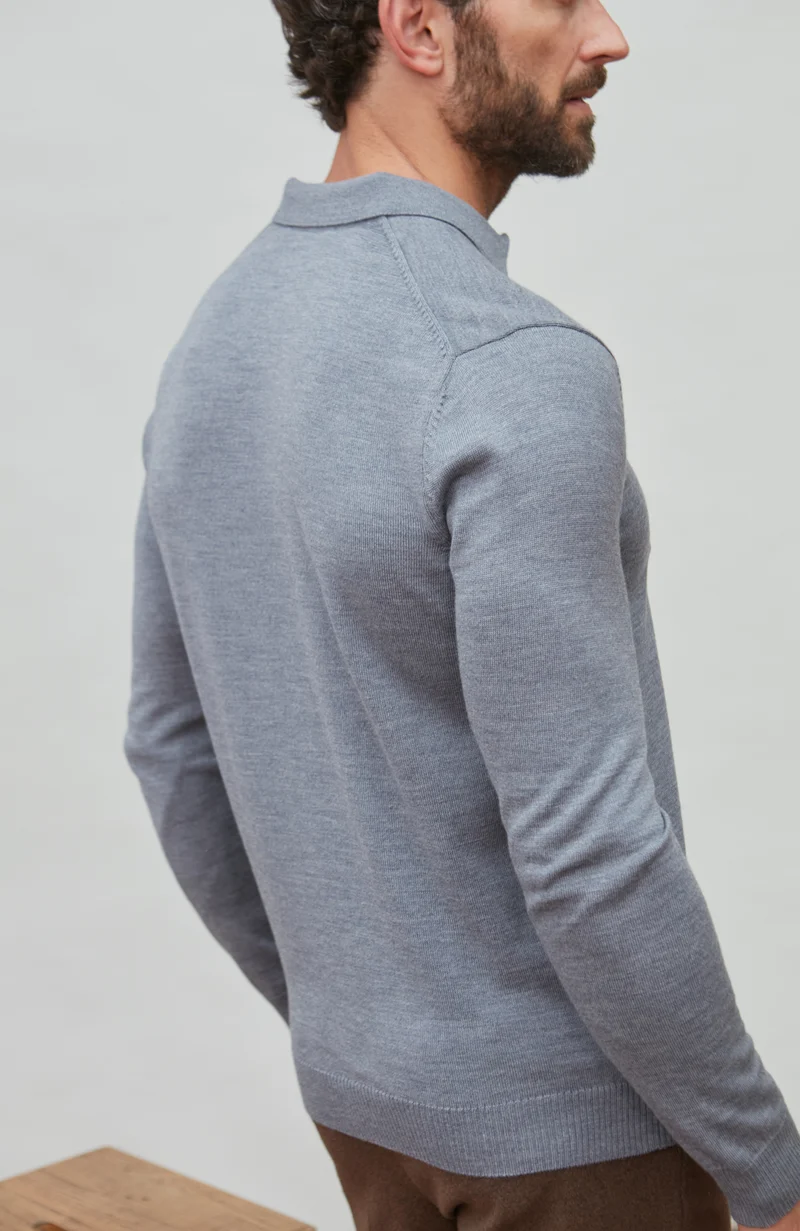 Mens Extra Fine Merino Wool Long Sleeve Polo Shirt