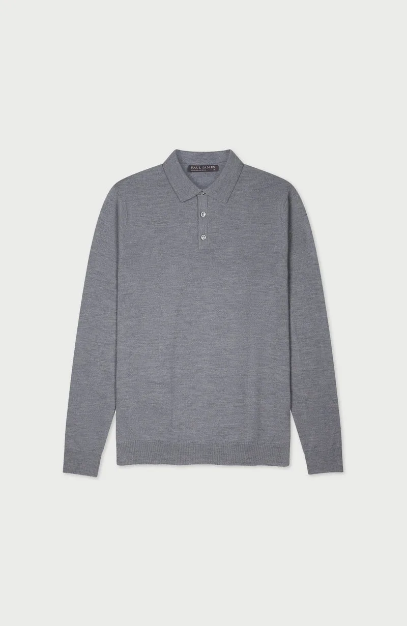 Mens Extra Fine Merino Wool Long Sleeve Polo Shirt