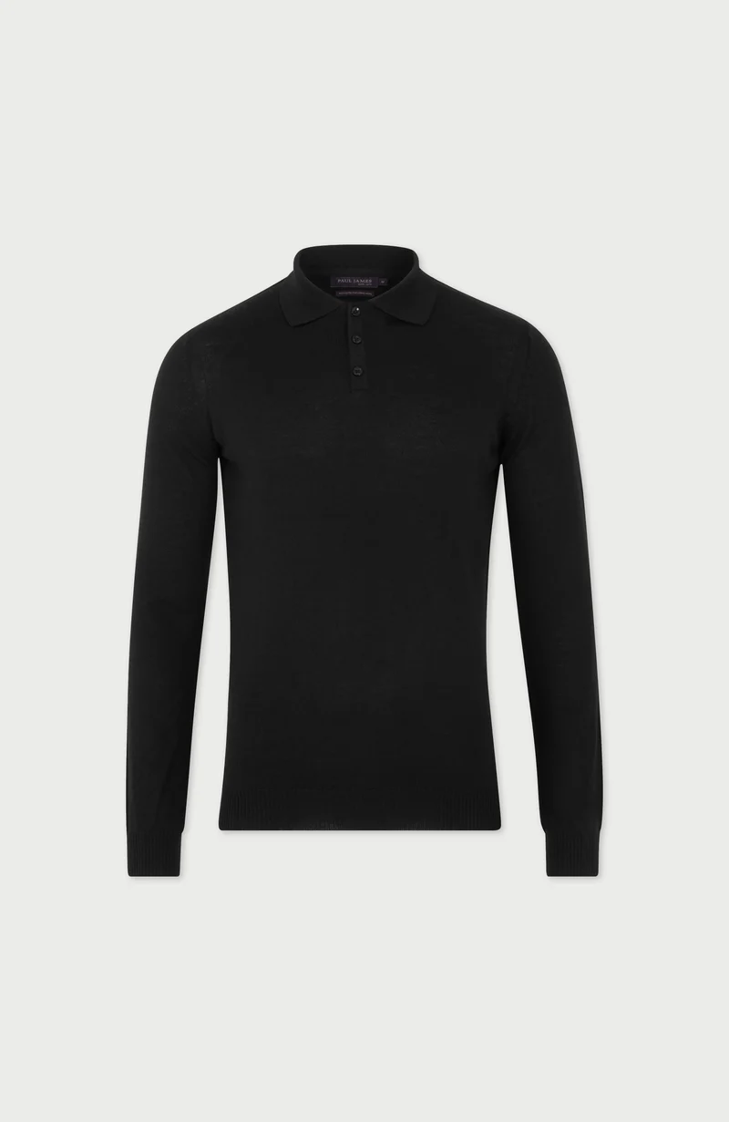 Mens Extra Fine Merino Wool Long Sleeve Polo Shirt