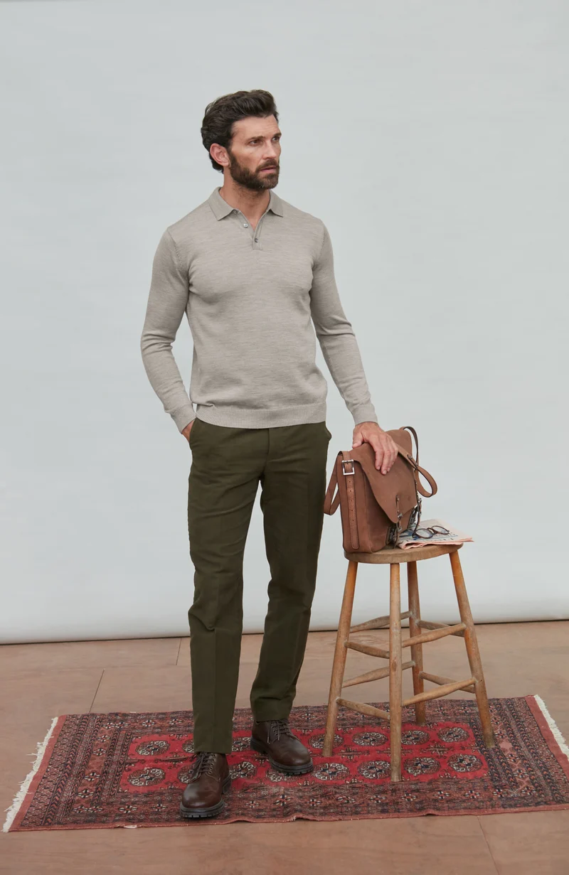 Mens Extra Fine Merino Wool Long Sleeve Polo Shirt