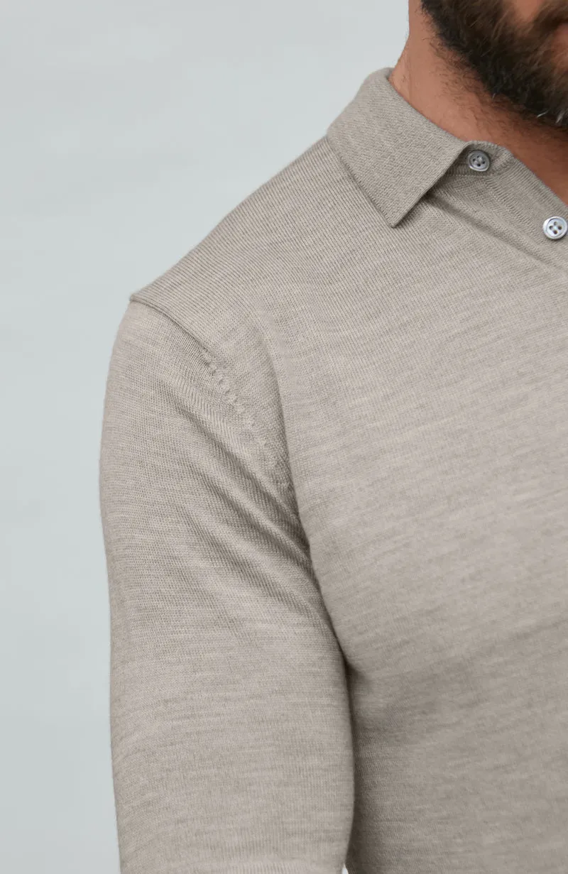 Mens Extra Fine Merino Wool Long Sleeve Polo Shirt