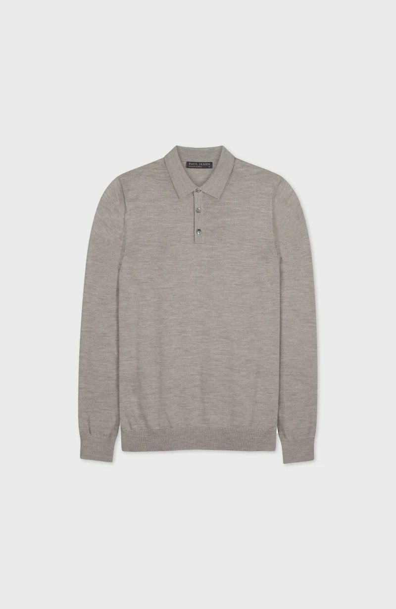 Mens Extra Fine Merino Wool Long Sleeve Polo Shirt