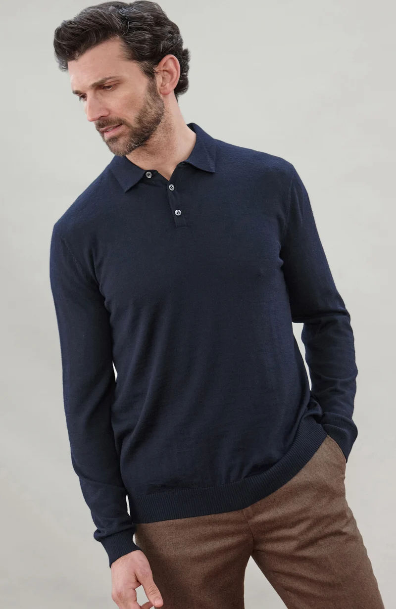 Mens Extra Fine Merino Wool Long Sleeve Polo Shirt