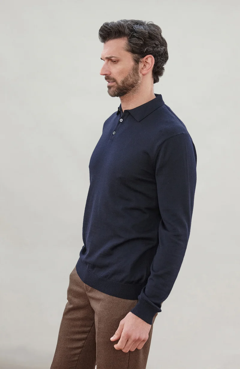 Mens Extra Fine Merino Wool Long Sleeve Polo Shirt