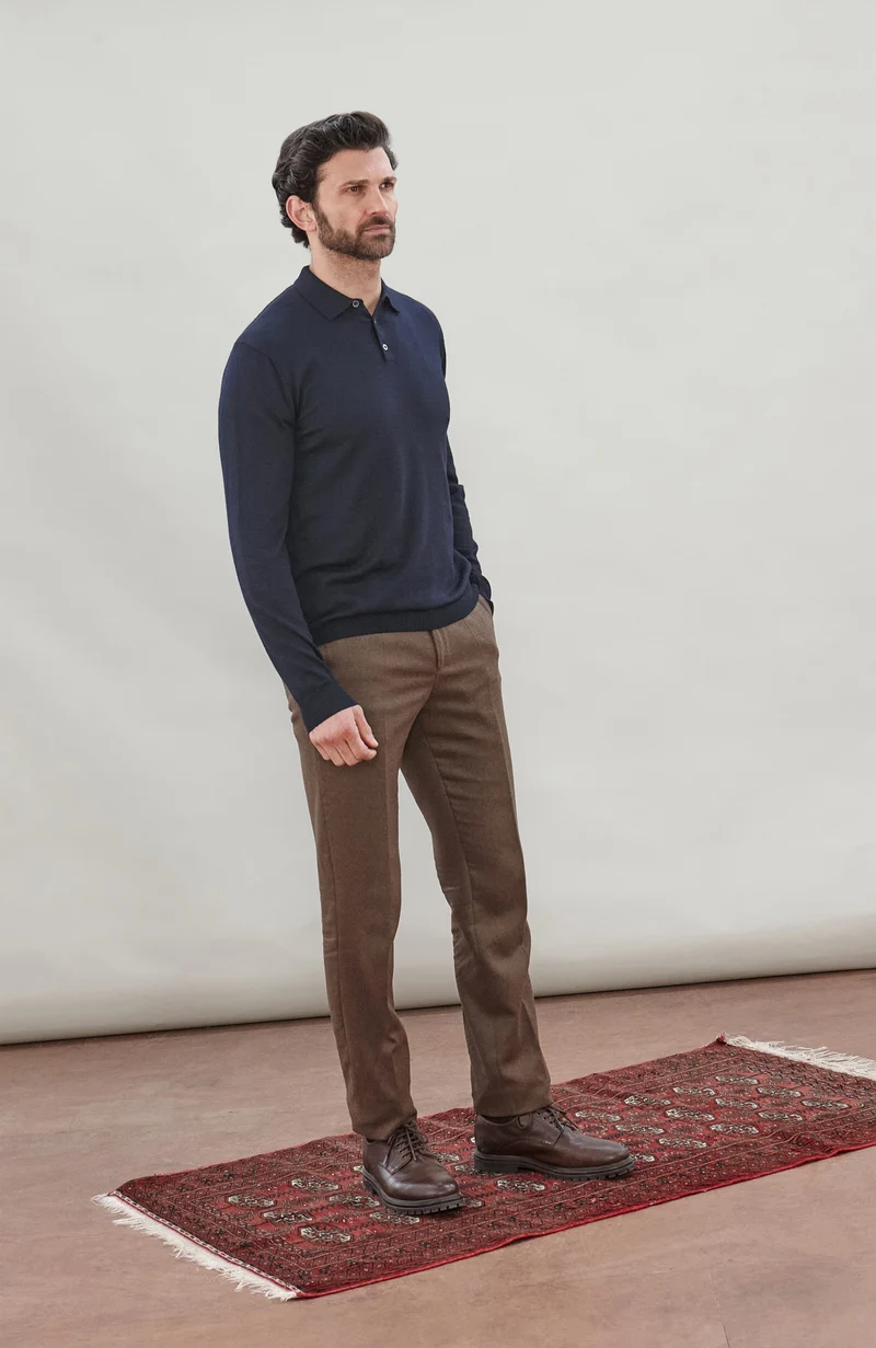 Mens Extra Fine Merino Wool Long Sleeve Polo Shirt