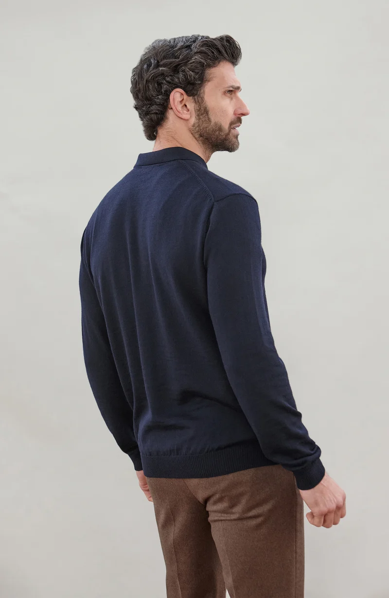 Mens Extra Fine Merino Wool Long Sleeve Polo Shirt