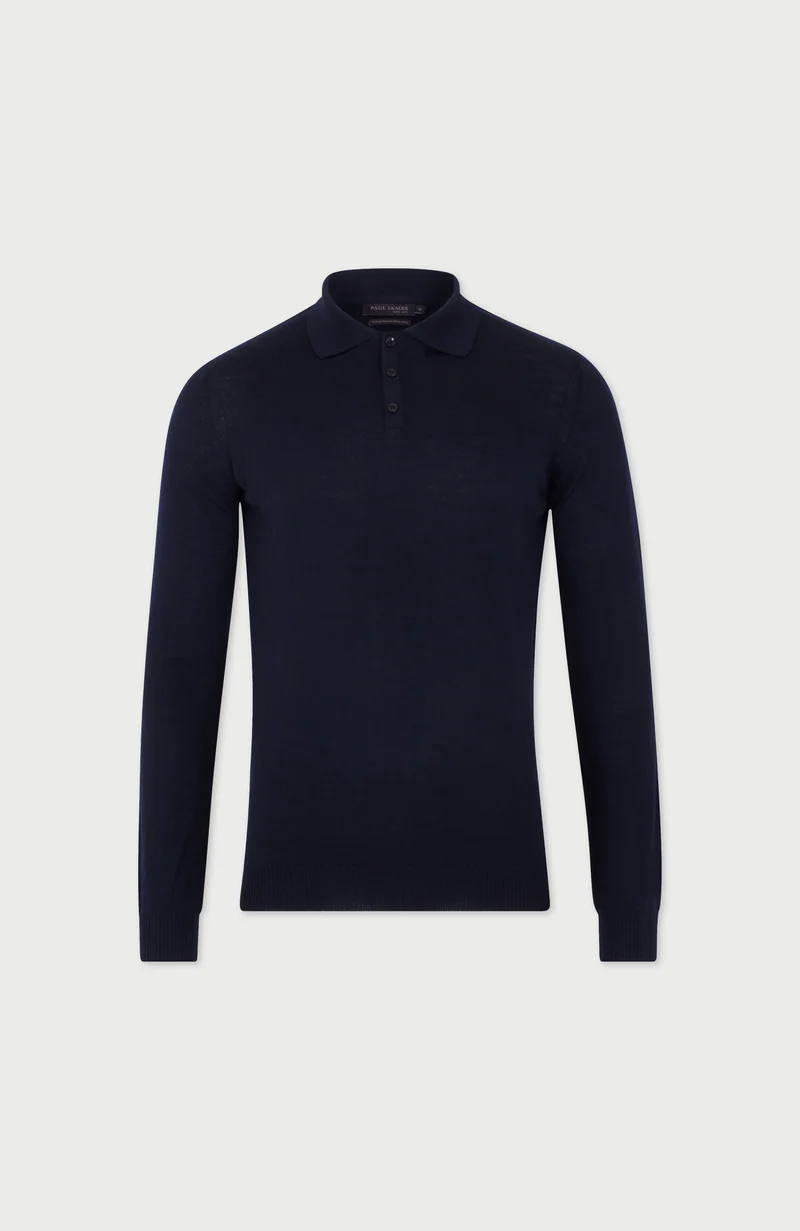 Mens Extra Fine Merino Wool Long Sleeve Polo Shirt