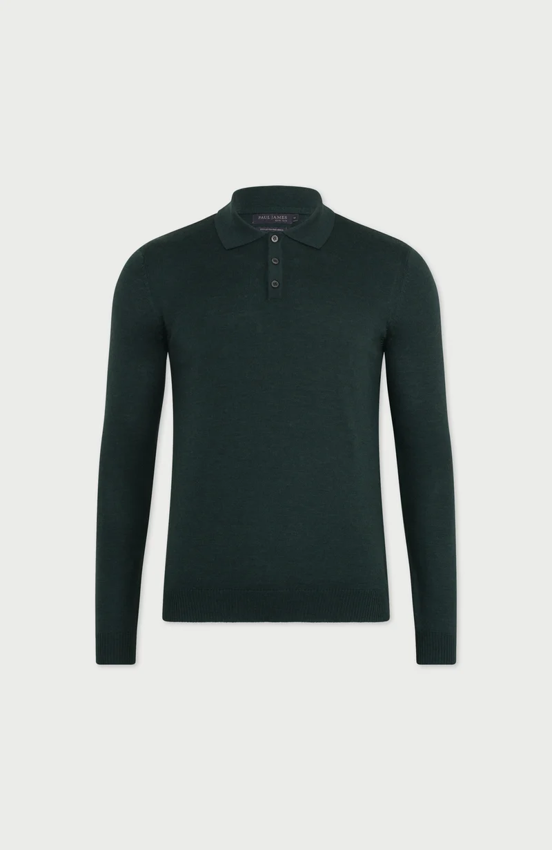 Mens Extra Fine Merino Wool Long Sleeve Polo Shirt