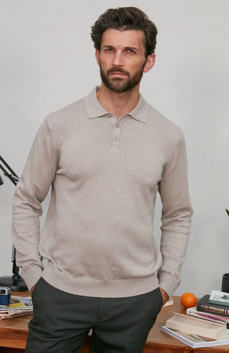 Mens Lightweight Cotton Long Sleeve Knitted Polo Shirt