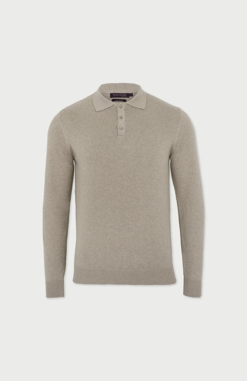 Mens Lightweight Cotton Long Sleeve Knitted Polo Shirt