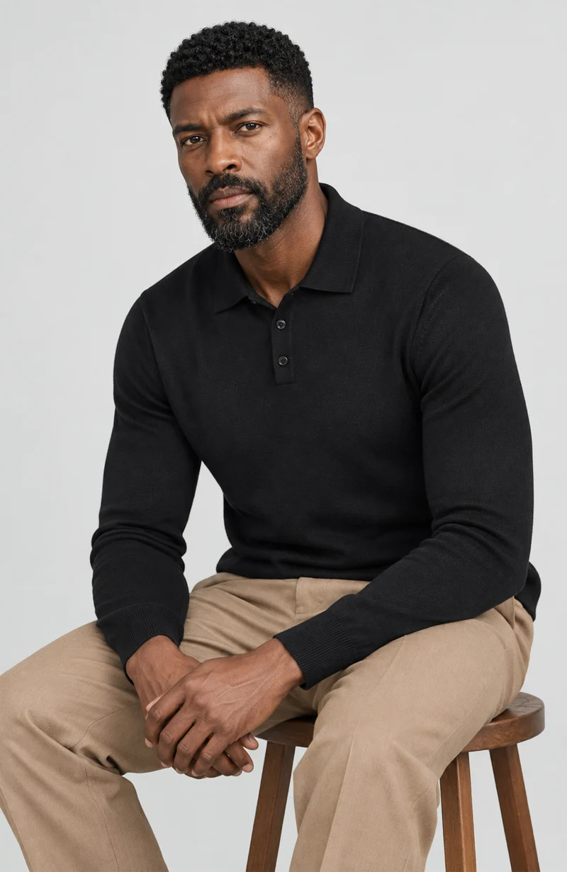 Mens Lightweight Cotton Long Sleeve Knitted Polo Shirt