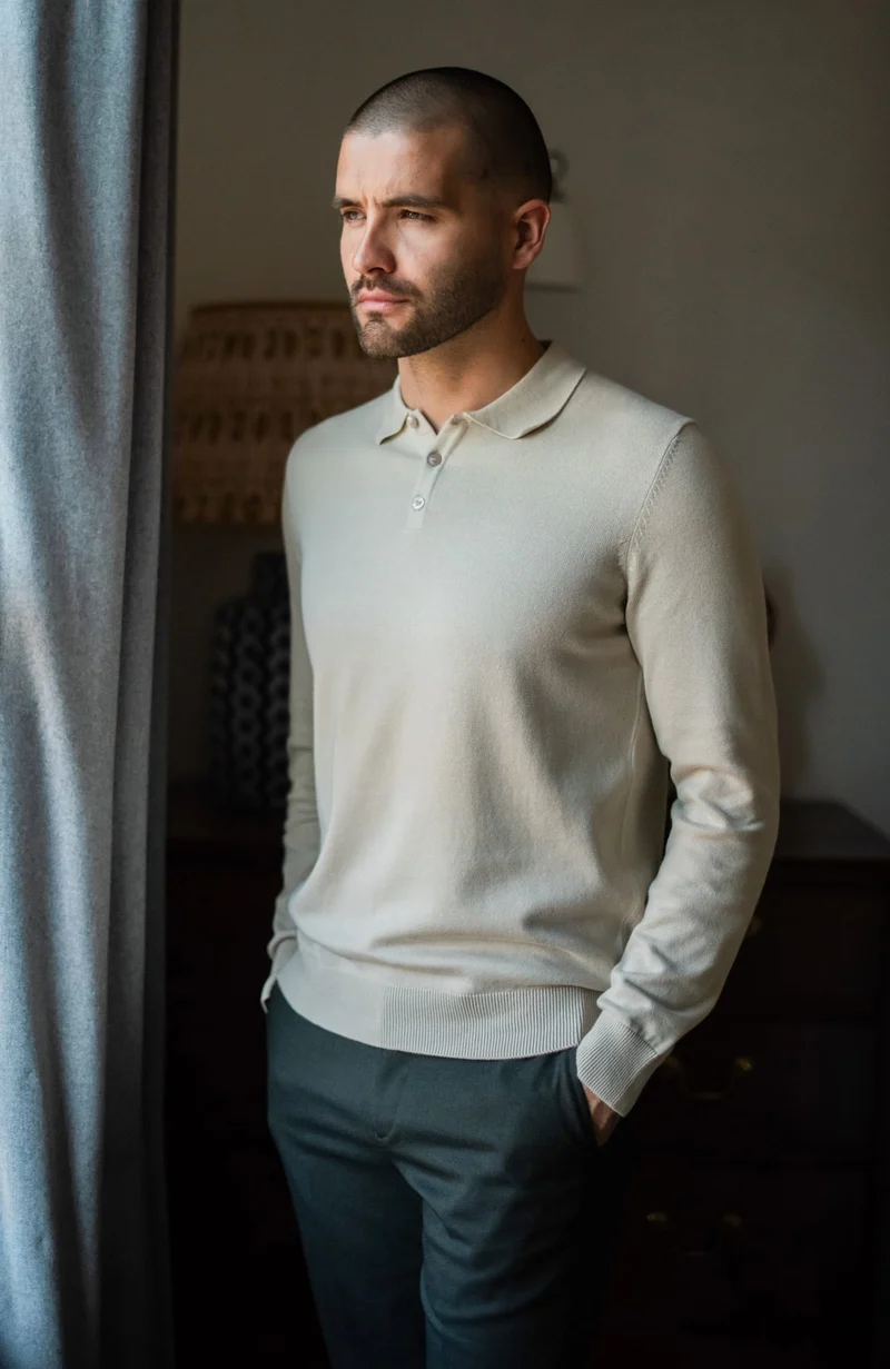 Mens Lightweight Cotton Long Sleeve Knitted Polo Shirt