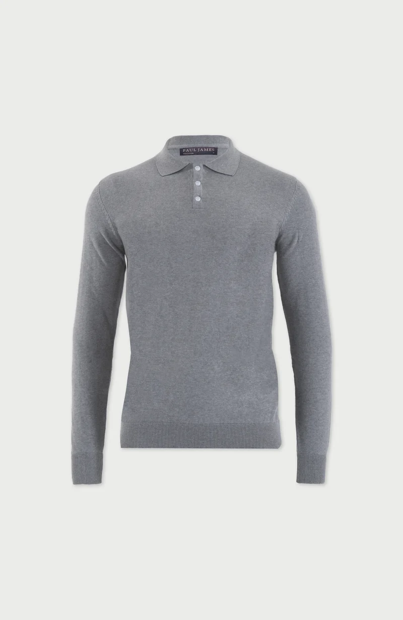 Mens Lightweight Cotton Long Sleeve Knitted Polo Shirt