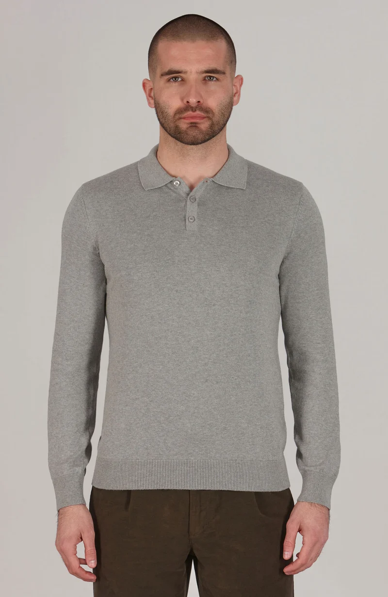 Mens Lightweight Cotton Long Sleeve Knitted Polo Shirt