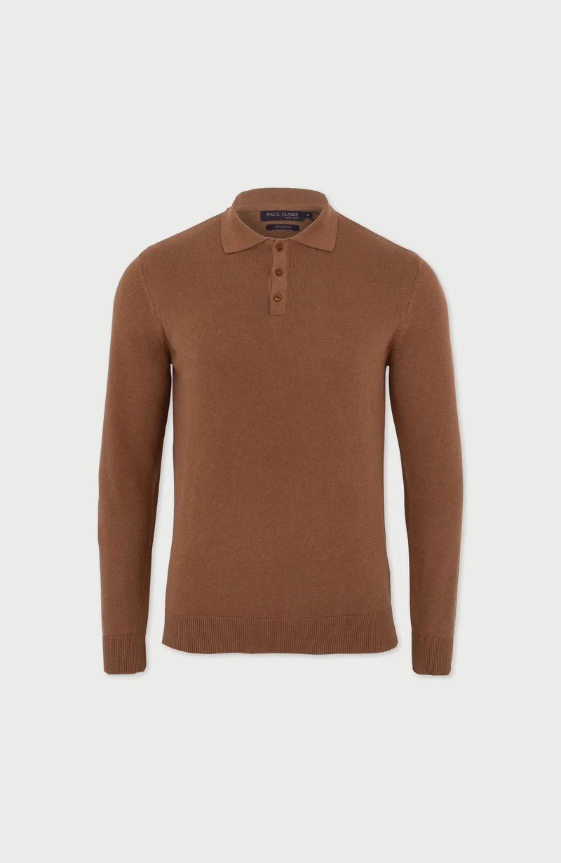 Mens Lightweight Cotton Long Sleeve Knitted Polo Shirt