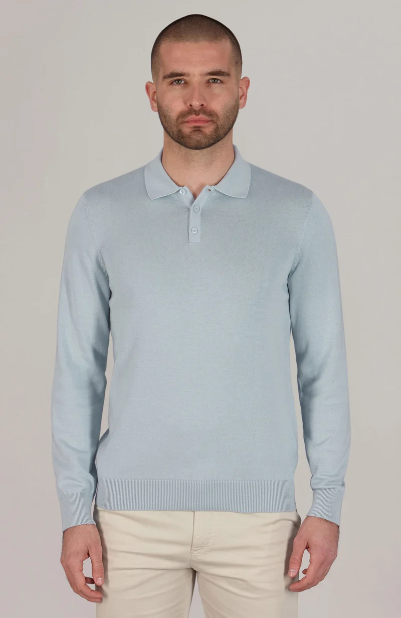 Mens Lightweight Cotton Long Sleeve Knitted Polo Shirt
