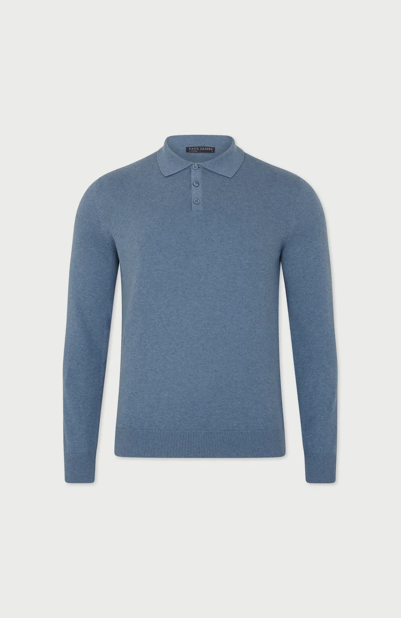 Mens Lightweight Cotton Long Sleeve Knitted Polo Shirt