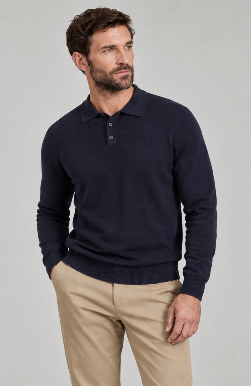 Mens Lightweight Cotton Long Sleeve Knitted Polo Shirt