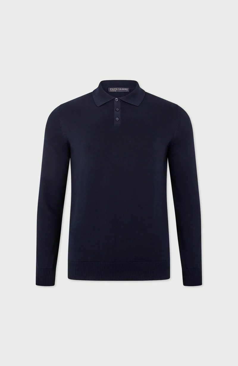 Mens Lightweight Cotton Long Sleeve Knitted Polo Shirt
