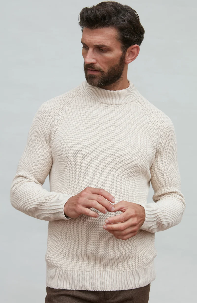 Mens Midweight Cotton Ribbed Mock Turtle Neck Jumper