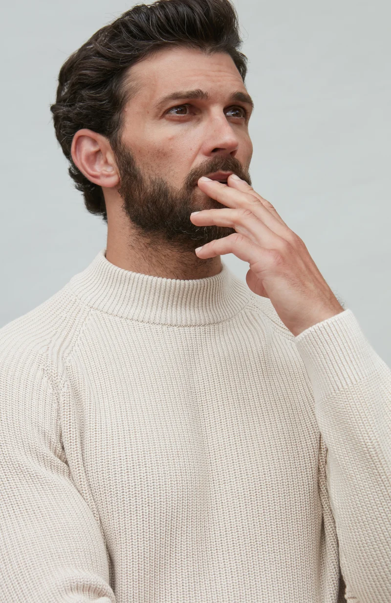 Mens Midweight Cotton Ribbed Mock Turtle Neck Jumper
