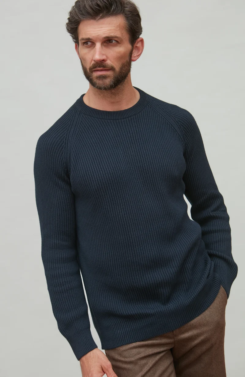 Mens Midweight Cotton Ribbed Crew Neck Jumper